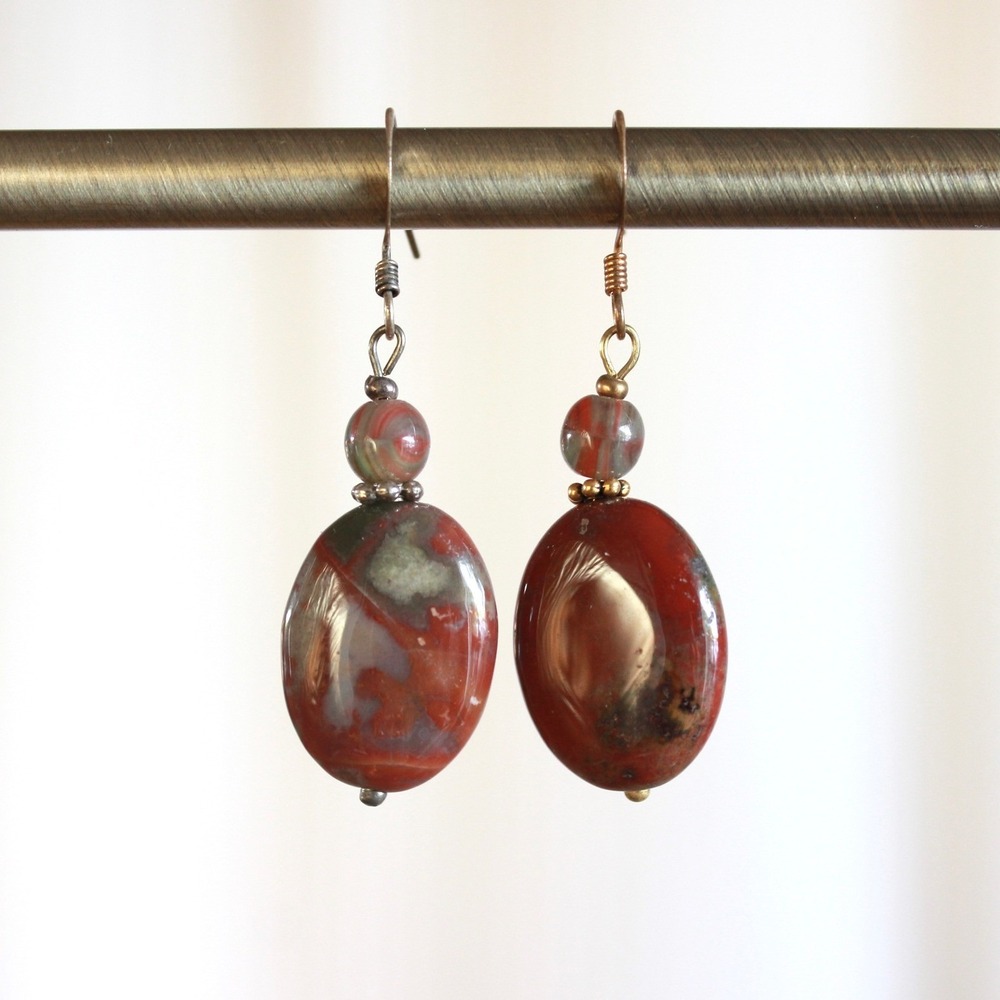 Handmade Red Jasper Oval Stone Drop Earrings Boho Natural Gemstone Dangle J5